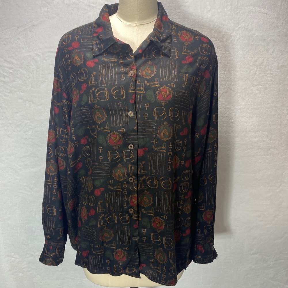 VTG‎ Birch Hill 14 Equestrian Print Button Up Long Sleeve Shirt Black Gold Red